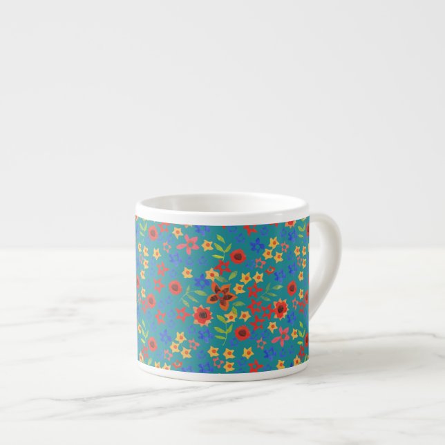 Xícara De Espresso Impressão Floral Retro Chic na Teal Espresso Mug (Frente Esquerda)