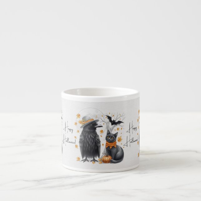 Xícara De Espresso Krähe und Katze „Happy Halloween!“ Crow Tasse (Frente)
