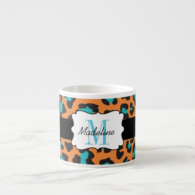 Xícara De Espresso Leopardo Imprime Aqua Orange Black Espresso Mug (Frente)
