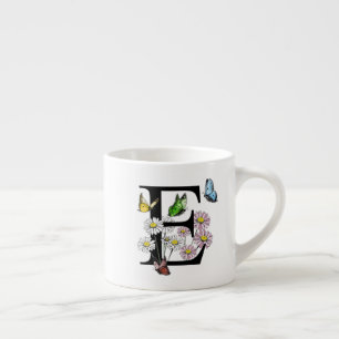 Xícara De Espresso Letra E Floral Borboleta Monograma Inicial    