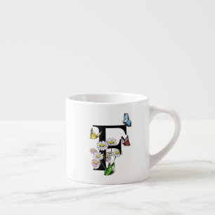Xícara De Espresso Letra F Floral Borboleta Monograma Inicial   