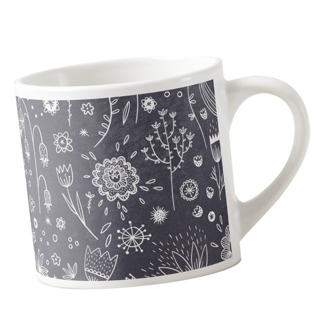 Xícara De Espresso Linha Floral Arte Monocromática (Floral line art chalkboard drawing espresso mug)