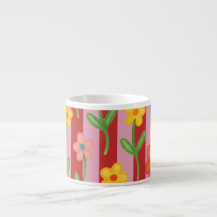 Xícara De Espresso Listras rosa e vermelha com flores coloridas