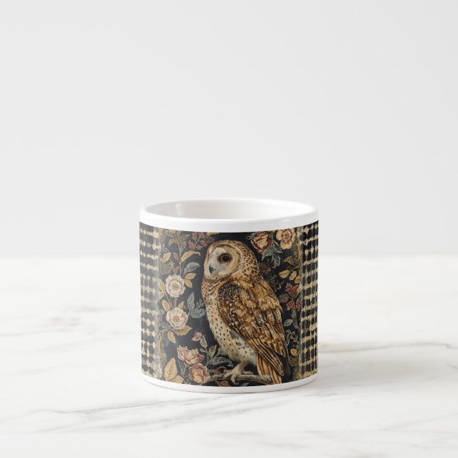 Xícara De Espresso Lovely Owl in the Flowers Garden ,Gold Checkered , (Frente)