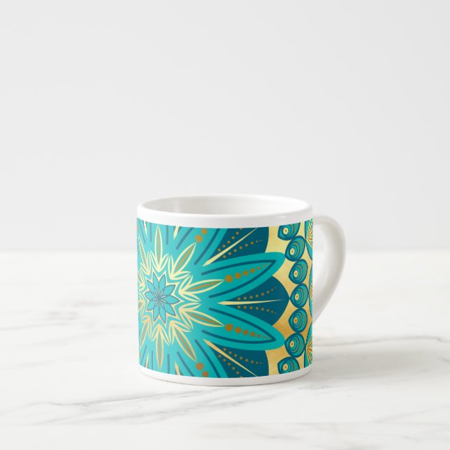 Xícara De Espresso Mandala Flor de Ouro Azul (Frente Esquerda)