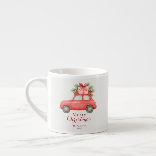 Xícara De Espresso Merry Christmas Red Car – Personalized Holiday  (Esquerda)