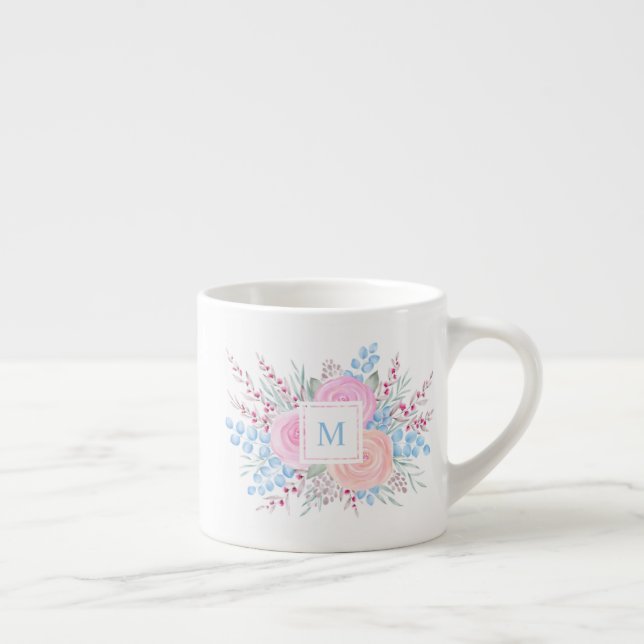 Xícara De Espresso Monograma Cor de Água Buquê Rosas Rosa Azul Folhas (Direita)