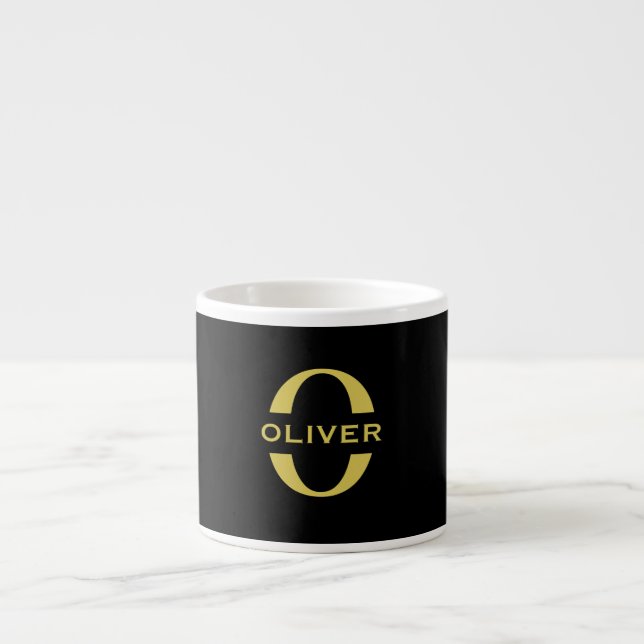 Xícara De Espresso Monograma E Nome Preto E Dourado Personalizado (Frente)