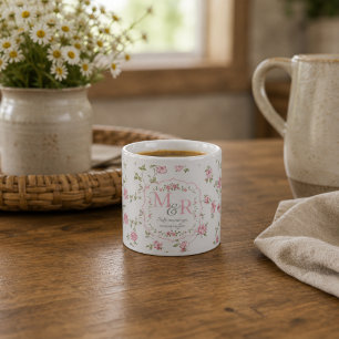 Xícara De Espresso Monograma Floral Romântico Casa de Campo Vintage