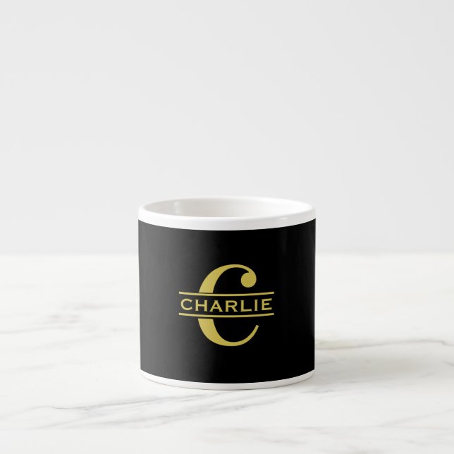 Xícara De Espresso Monograma Personalizado E Nome Preto E Dourado (Frente)