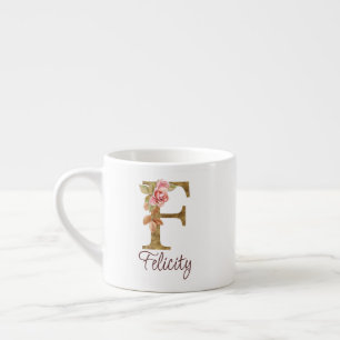 Xícara De Espresso Nome Personalizado Letra F Folha Dourada Rosas Ros