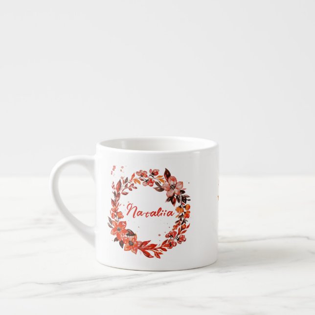 Xícara De Espresso Orange Floral Wreath Custom Name (Esquerda)