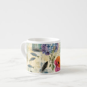 Xícara De Espresso Padrão Botânico Colorido à Beira-Mar em Aquarela