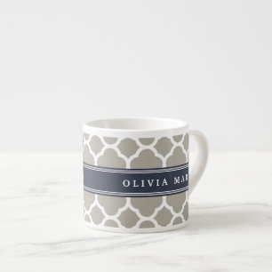 Xícara De Espresso Padrão de Quatrefoil de Cinza Personalizada Azul