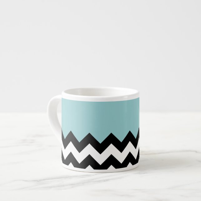 Xícara De Espresso Padrão de ziguezague preto e branco, Chevron, azul (Frente Esquerda)