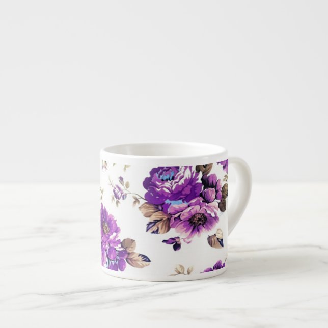 Xícara De Espresso Padrão Floral Violeta (Frente Esquerda)