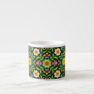 Xícara De Espresso Padrão Ornamental Floral em Cores Vibrantes