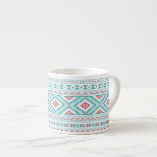 Xícara De Espresso Padrão Tribal Aztec Teal e Rosa (Frente Esquerda)