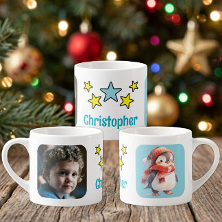 Xícara De Espresso Para foto de crianças nome pinguim natal azul