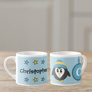 Xícara De Espresso Pinguim bonito, azul-amarelo com estrelas, de cria