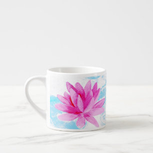 Xícara De Espresso Pintura em Aquarela com Flor de Lotus Rosa