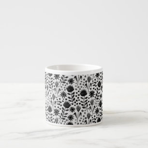 Xícara De Espresso Protea Floral Impressão Millefleur preto branco