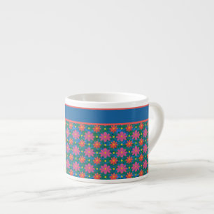 Xícara De Espresso Rangoli Flowers e Polkas em Blue Espresso Mug