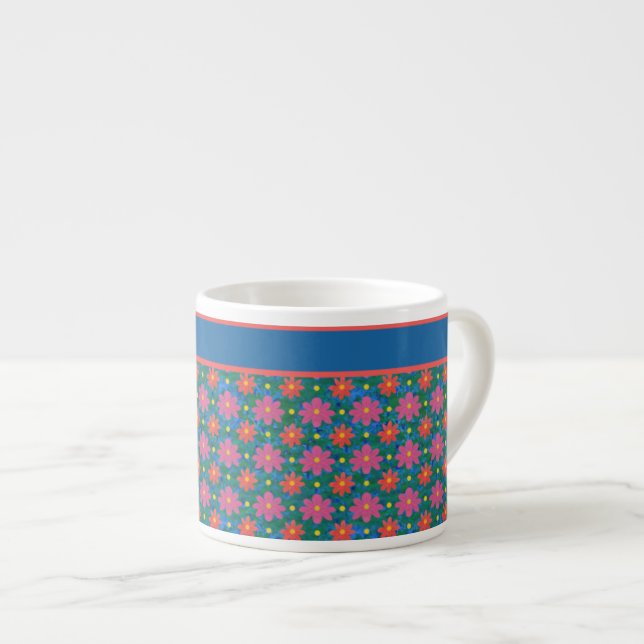Xícara De Espresso Rangoli Flowers e Polkas em Blue Espresso Mug (Frente Esquerda)