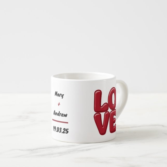 Xícara De Espresso Red LOVE Mug Personalizado com Nomes e Data (Frente Esquerda)