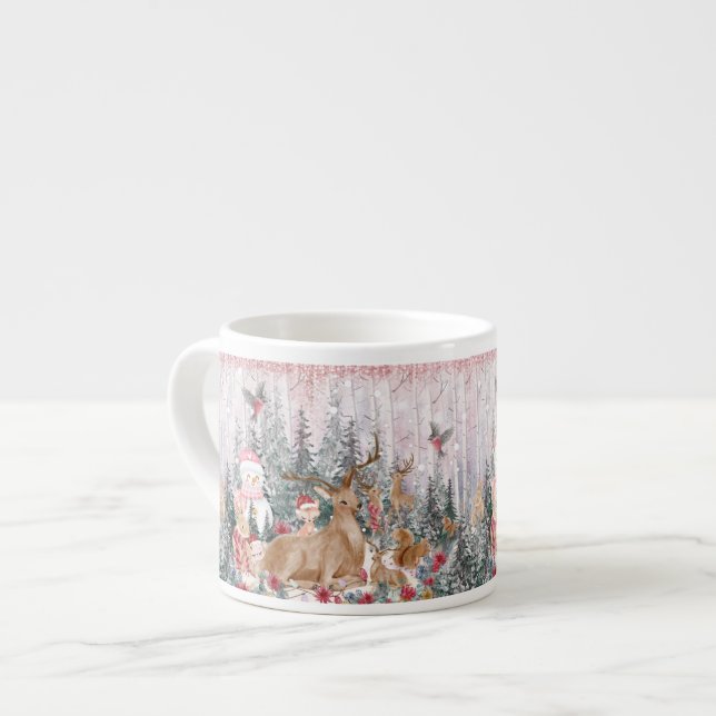 Xícara De Espresso Reindeer de Aquarela Rosa, Snowman Feliz Natal (Frente Esquerda)