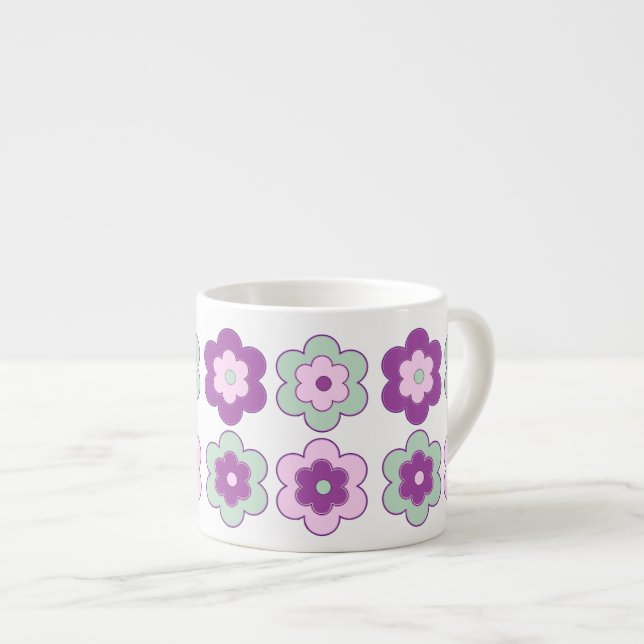 Xícara De Espresso Retro Bubble Flowers (Purple and Green) Pattern (Frente Esquerda)