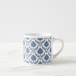 Xícara De Espresso Rococo Damask Padrão Pequeno Azul no Branco