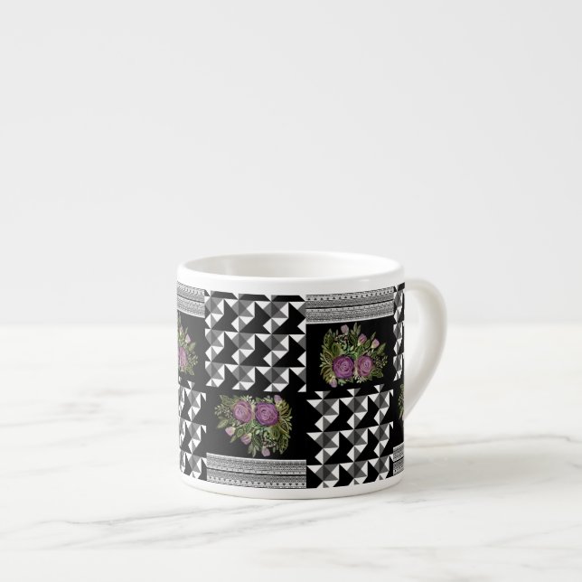 Xícara De Espresso Rústico, patchwork, rosas (Frente Esquerda)