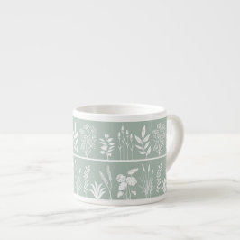 Xícara De Espresso Sage Verde Minimalista Silhueta Botânica em Listra