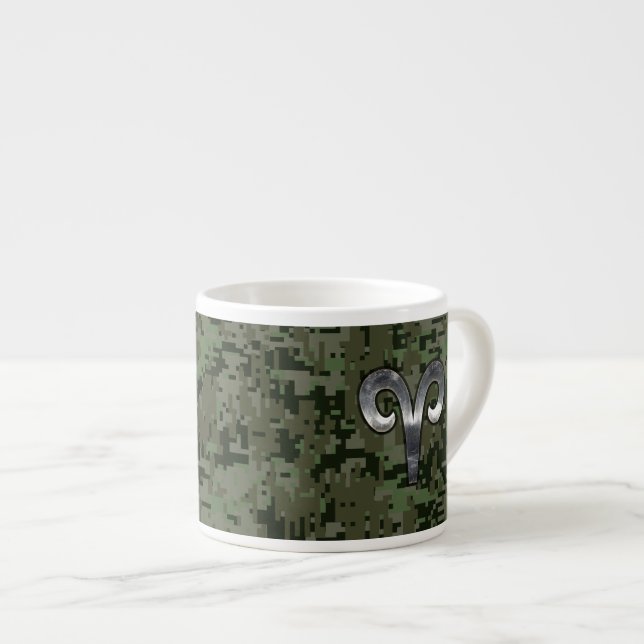 Xícara De Espresso Silver Aries Zodiac - Símbolo Verde Digital Camo (Frente Esquerda)