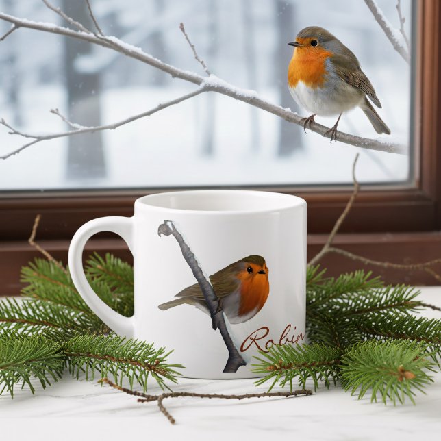 Xícara De Espresso Taça Robin Espresso de Inverno Personalizado (Bring the beauty of nature indoors with this enchanting personalized robin espresso cup.)