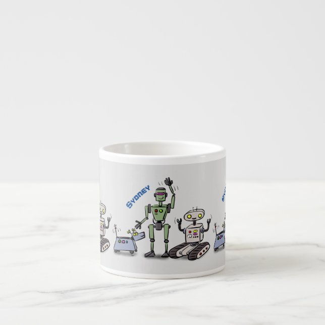 Xícara De Espresso Trio de robôs fofos e felizes desenho animado (Frente)