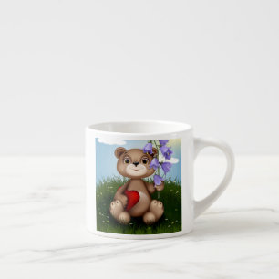 Xícara De Espresso Urso Segurando Buquê Flor-30926