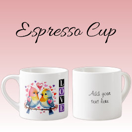 Xícara De Espresso Valentine lovebirds custom text purple