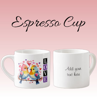 Xícara De Espresso Valentine lovebirds custom text purple