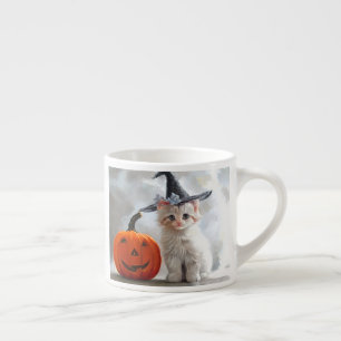 Xícara De Espresso Vintage Halloween White Kitten e Jack-o-lantern
