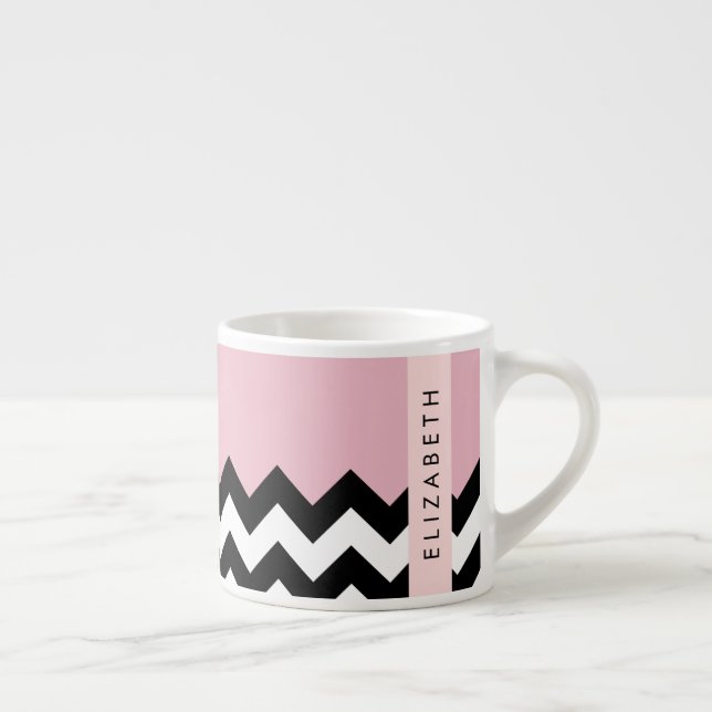 Xícara De Espresso Zigzag preto-e-branco, Chevron, rosa, seu nome (Direita)