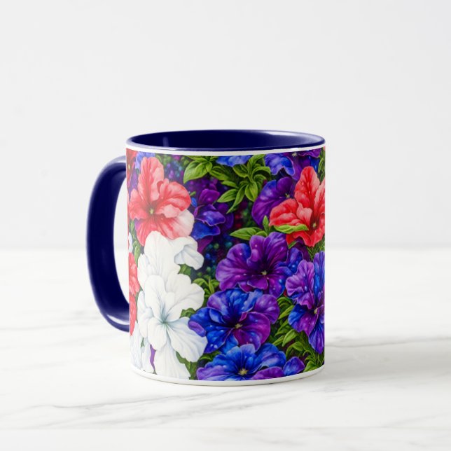 Xícara de Flores de Petunia Vermelha e Azul (Frente Esquerda)