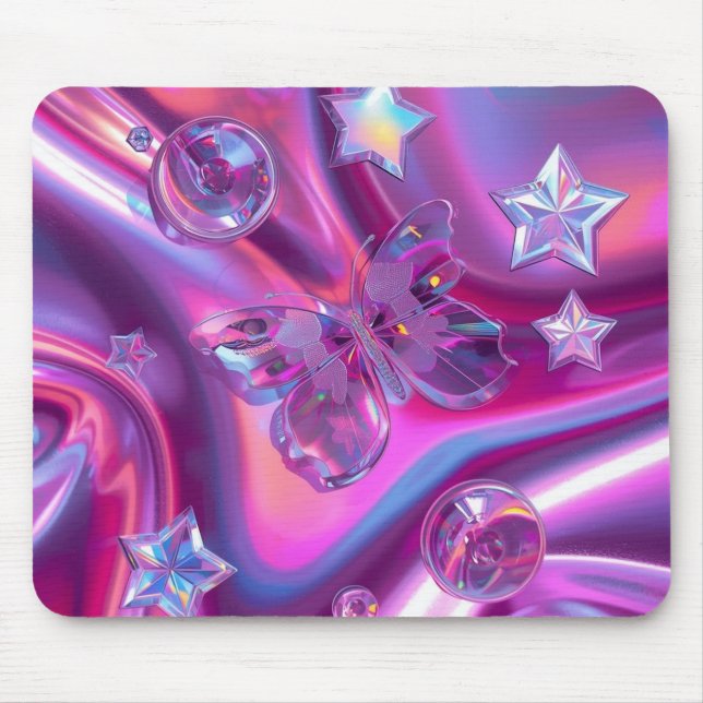 Y2K Holographic Gradient Mouse Pad | Chrome Stars (Frente)