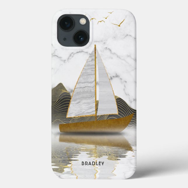 Yacht Sailing Na moda Modern Dourado Marble Name (Verso)