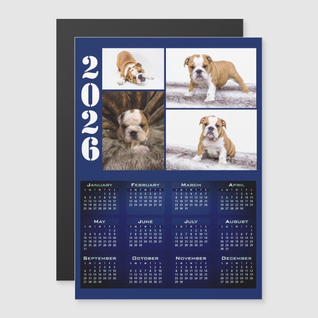 Year 2026 Calendar Dog Pet 4 Photo Collage Magnet (Frente/Verso)