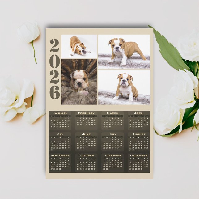 Year 2026 Calendar Dog Pet 4 Photo Collage Magnet (Criador carregado)