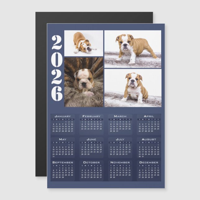 Year 2026 Calendar Dog Pet 4 Photo Collage Magnet (Frente/Verso)
