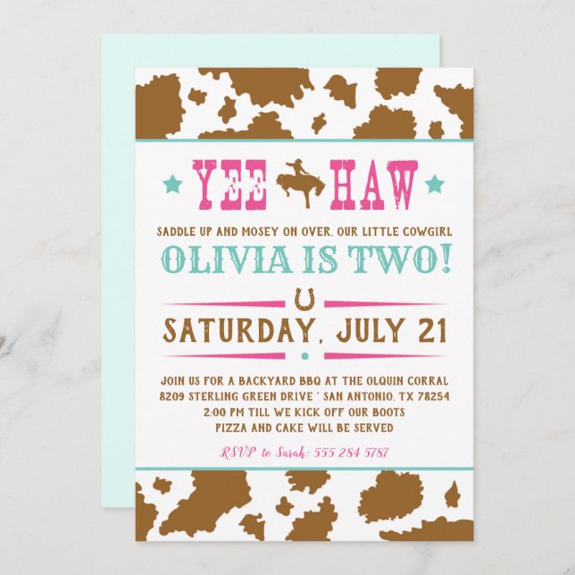 Yee Haw Rodeo Cowgirl Convite Aniversário (Frente/Verso)