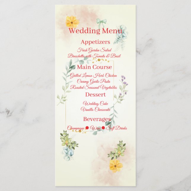 Yellow and Pink Floral Wedding Menu Card (Frente)